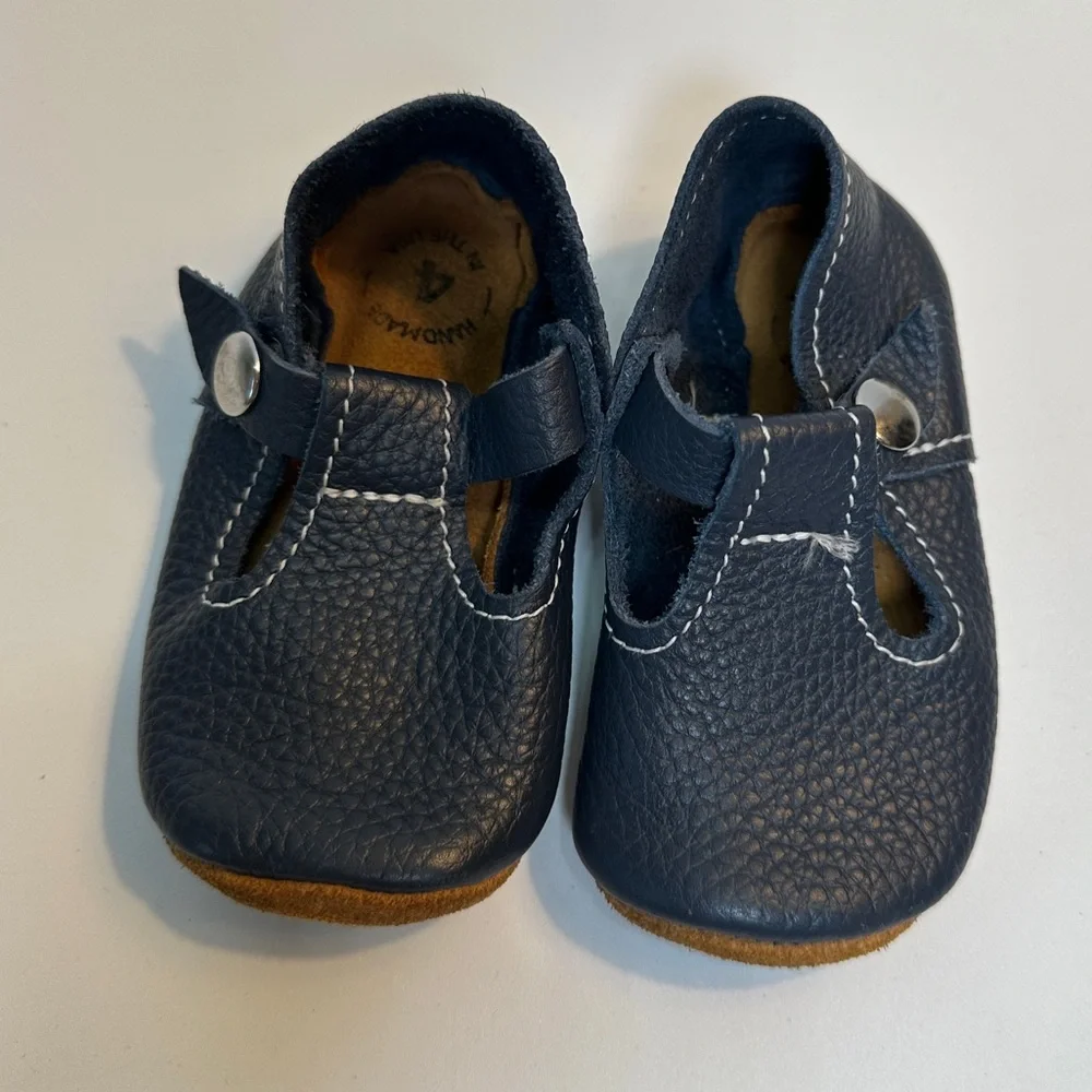 Navy Blue Mon Petit Shoes T-Strap Leather Handmade Baby 4 Soft Soled Shoes‎
